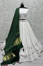 Georgette White Bottle Green Traditional Wear Thread Work Lehenga Choli